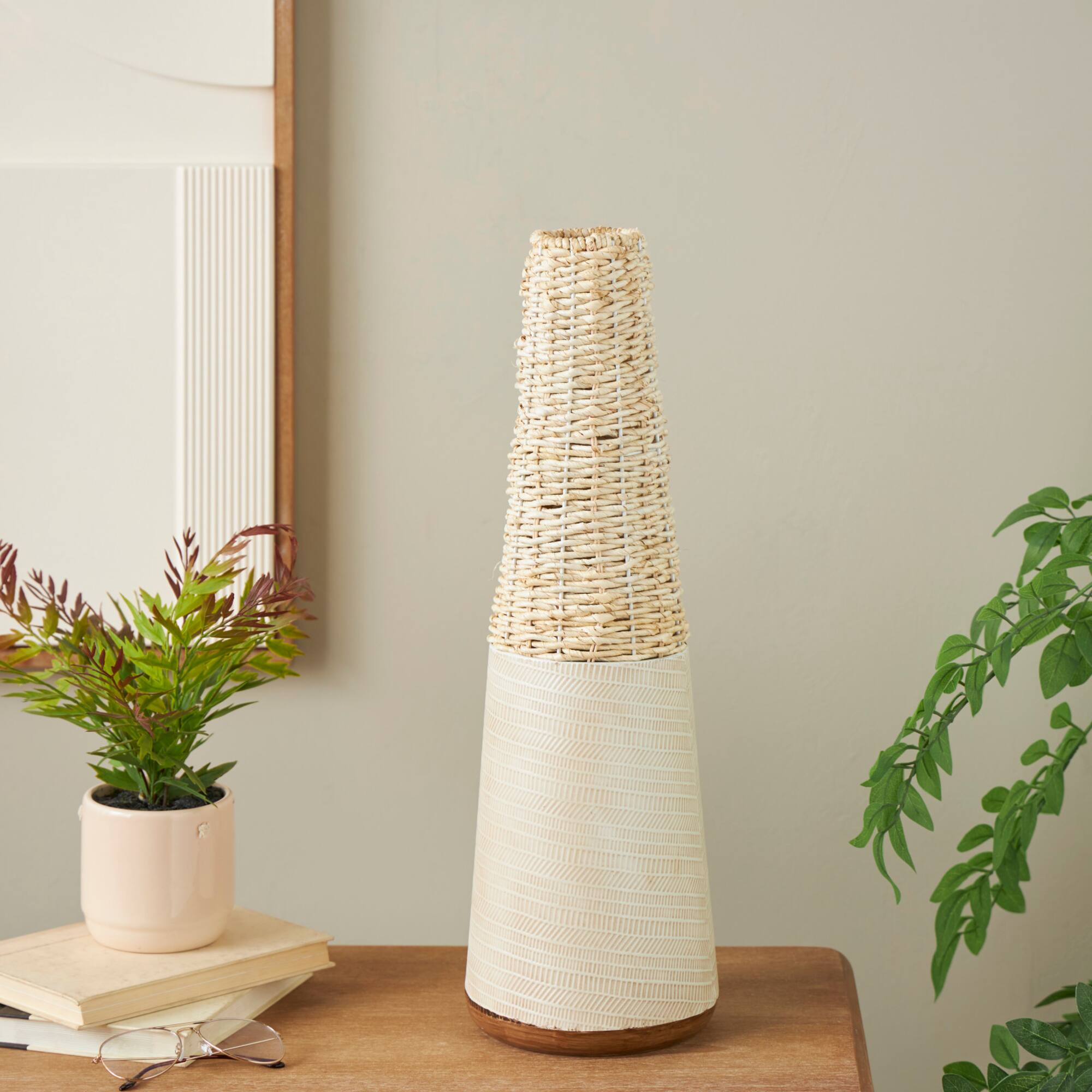 Light Brown Rattan Handmade Woven Vase with Beige Metal Base